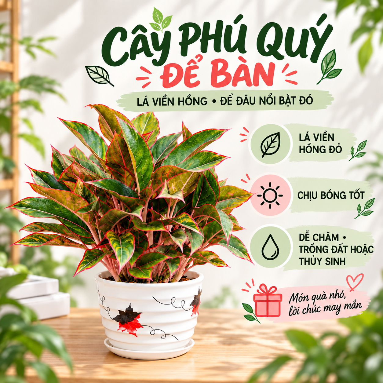 Cây phú quý lá xanh viền hồng đỏ trong chậu sứ trắng